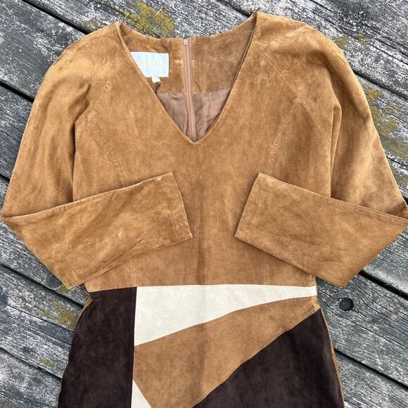 Vintage Margaret Godfrey Patchwork Leather Dress Long Sleeve Lined Sz 12 - Picture 5 of 9